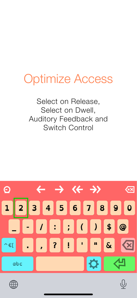 Teclado accesible de Keeble con funciones de Optimizar Acceso como Seleccionar al Mantener y Control por Interruptor.