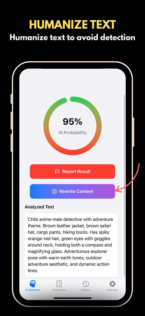 Interfaz de la aplicación que muestra resultados de detección de IA con una puntuación de probabilidad del 95% y un botón para humanizar y reescribir contenido.