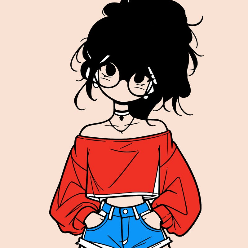 girl with a messy ponytail glasses a baggy crop top and jean shorts