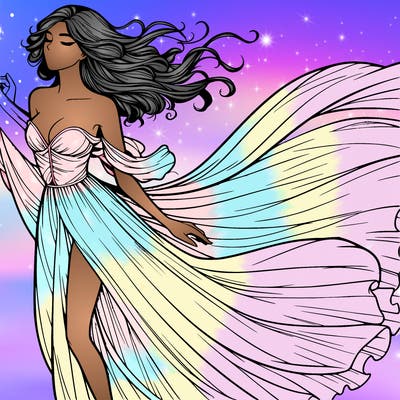 realistic woman in dress flowing the the wind