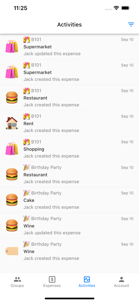 Split Bills With Friends - Activity log screen showing recent shared expenses for supermarket dining and rent in the Split Bills app