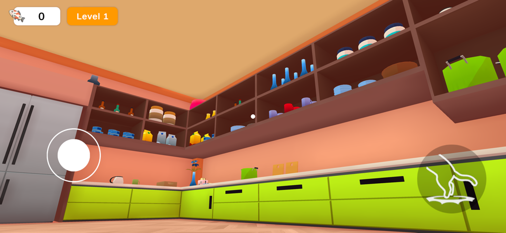 Cat Life Simulator: Devil Cat - First person cat perspective of a kitchen with green cabinets in Cat Life Simulator Devil Cat