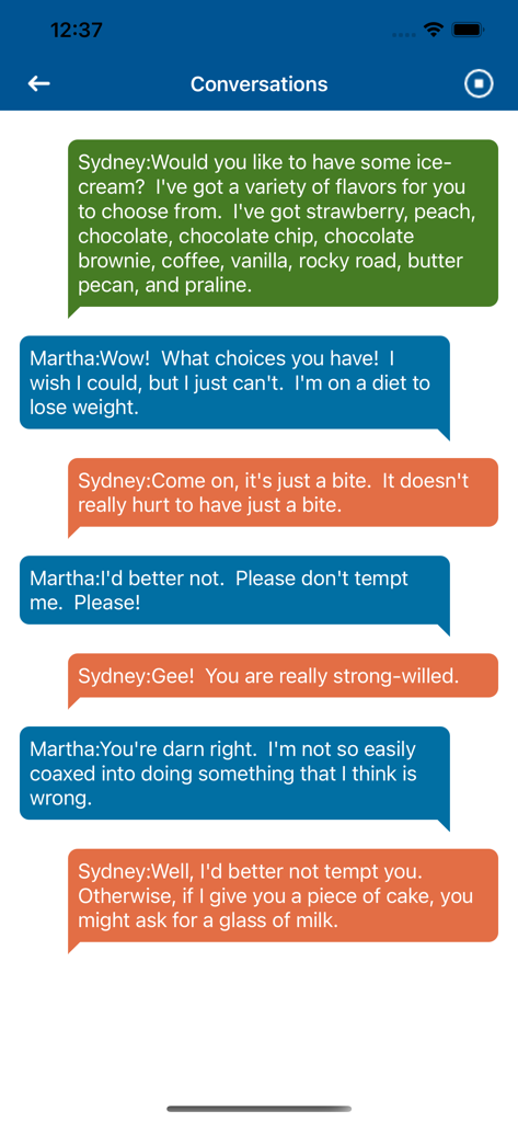 Conversations feature in the Advance English Dictionary app displaying a sample dialogue between two people.