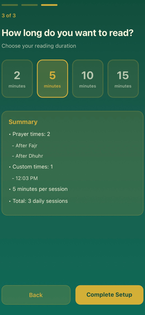 Quran Unlock - Quran Unlock app setup screen for selecting reading duration and viewing a summary of daily sessions