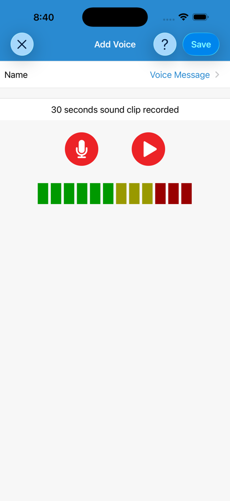 Interface of the Reminder app showing the voice recording screen with record and play buttons for a 30 second sound clip