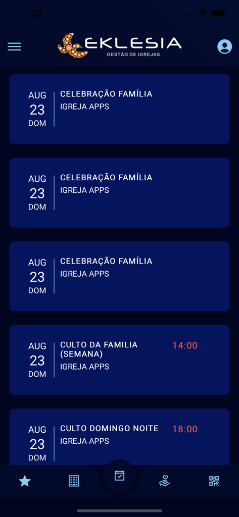 Portal Eklesia - Portal Eklesia church management app event schedule and service calendar screen