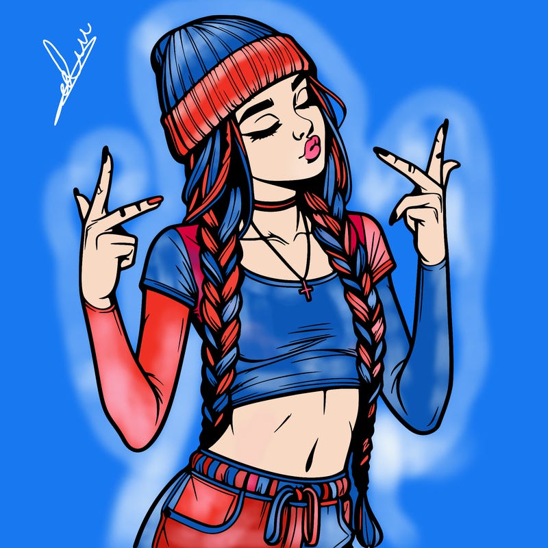 realistic teenage girl with braids and a beanie and crop top doing 🫶🏼