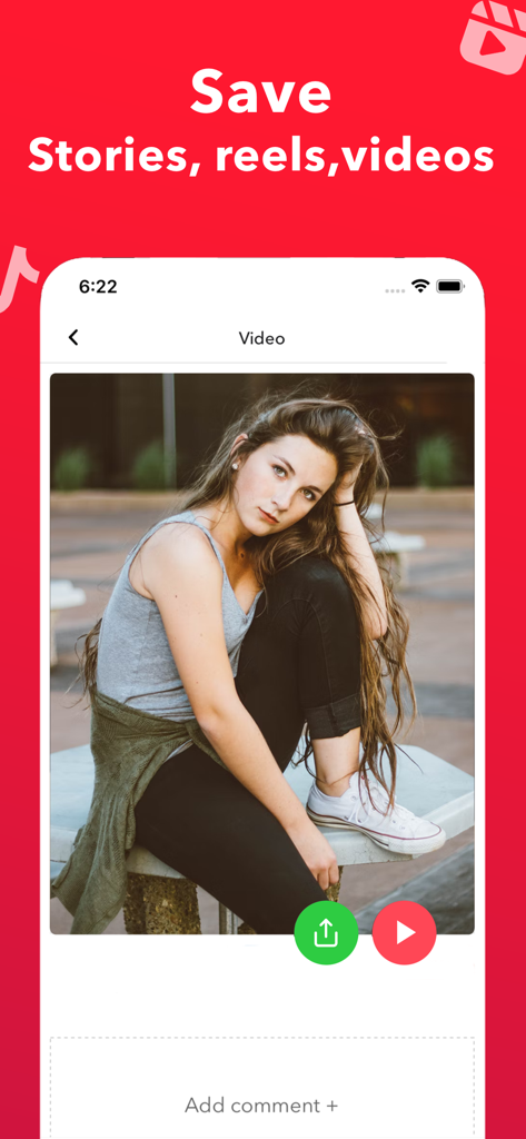 Story Saver : Save & Repost - Interfaz de la aplicación Story Saver mostrando un video guardado con una opción para añadir comentarios