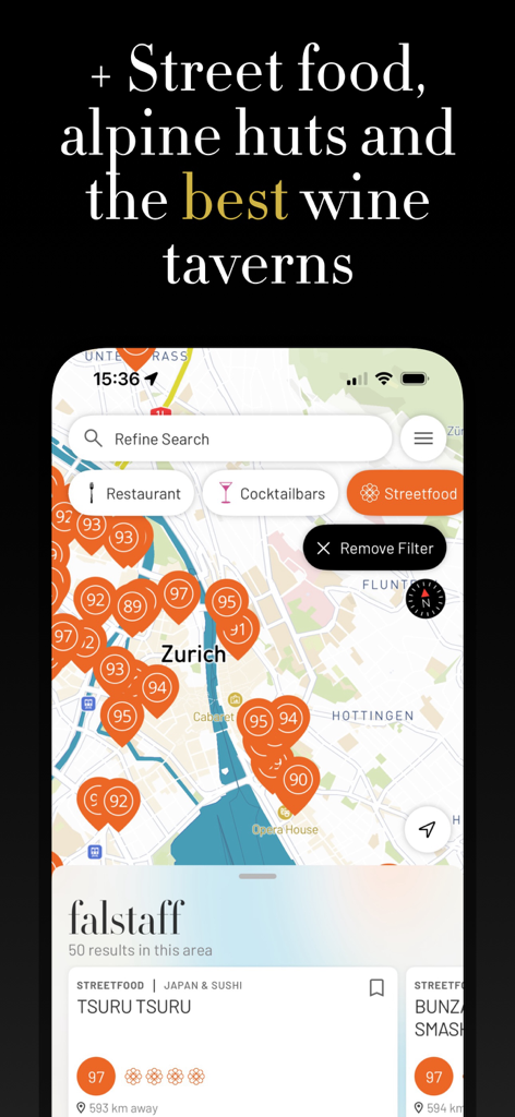 Falstaff Guide - Map interface of the Falstaff Guide app showing rated street food locations in Zurich.