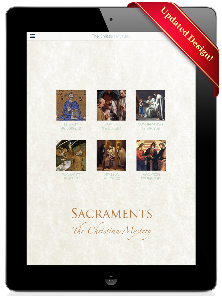 CCCSeries1HD - iPad screen displaying the Sacraments section of the CCCSeries1HD app with religious art icons for Liturgy, Baptism, Confirmation, Eucharist, Healing, and Vocation.