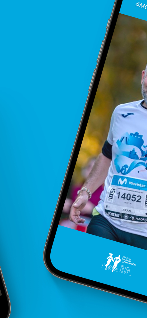 Movistar Madrid Halbmarathon App-Oberfläche, die einen Läufer mit einer Startnummer zeigt
