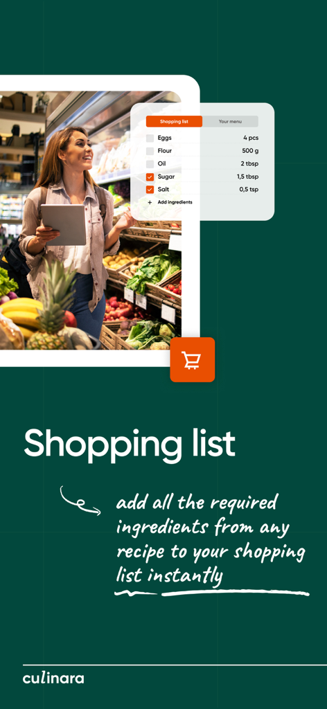 A woman grocery shopping while viewing a digital recipe shopping list from the Culinara app.