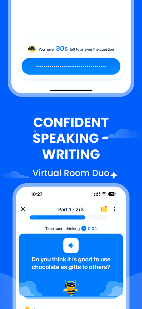 Prep-Smart learning& test prep - Interfaz de práctica de expresión oral y escrita impulsada por IA en la aplicación Prep Smart que muestra una pregunta de ejemplo y un temporizador