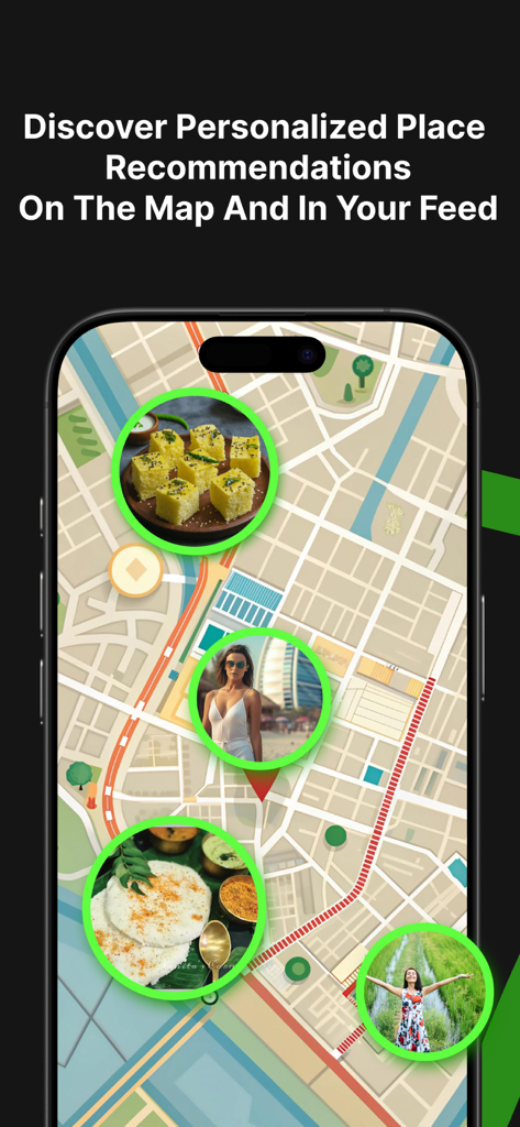Maps 4u - Maps 4u mobile app screen showing a city map with circular photo pins for personalized place recommendations.