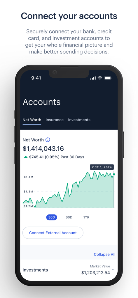 Northwestern Mutual - Northwestern Mutual app screen showing total net worth with a historical growth chart and option to connect external accounts