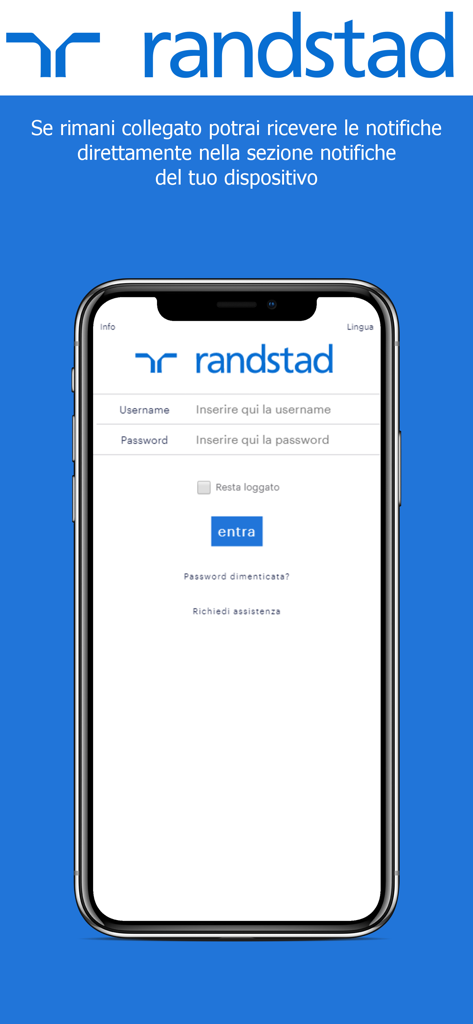 Interfaz de la pantalla de inicio de sesión de la aplicación móvil Randstad e-doc