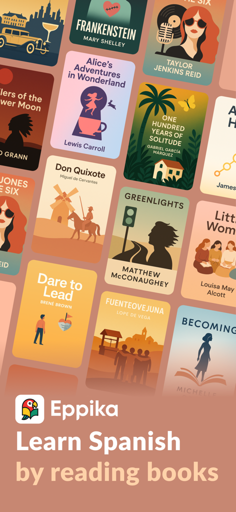 Eppika: Read & Learn Languages - Uma coleção de capas de livros diversas na interface do aplicativo Eppika para aprender espanhol.