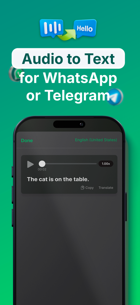 Interface of the Audio to Text app showing a voice message converted into text on a smartphone screen