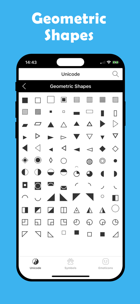 Symbol Pad & Icons for Texting - A grid of geometric symbols and shapes available in the Symbol Pad app for texting