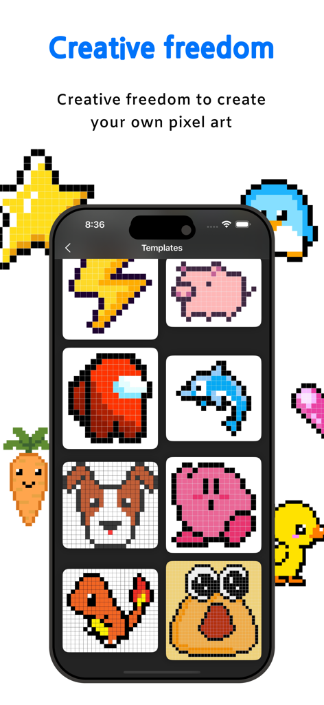 Pixels Art Maker - A smartphone screen displaying a grid of pixel art templates including a pig, a dolphin, a dog, and various characters.