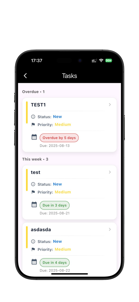 DanPro HR mobile app screen showing task management with status and priority levels