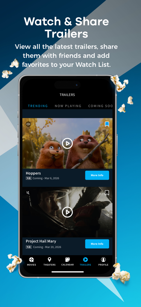 Atom Tickets app screen featuring trending movie trailers and watchlist feature