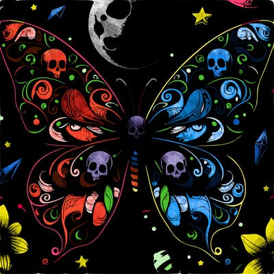 realistic butterfly. magical background. skull pattern on wings.