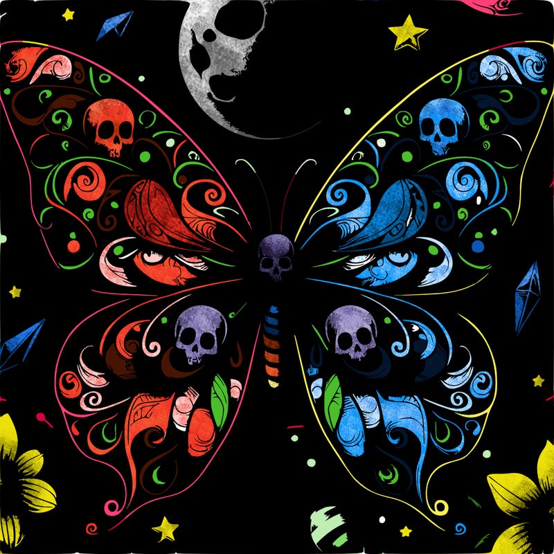 realistic butterfly. magical background. skull pattern on wings.