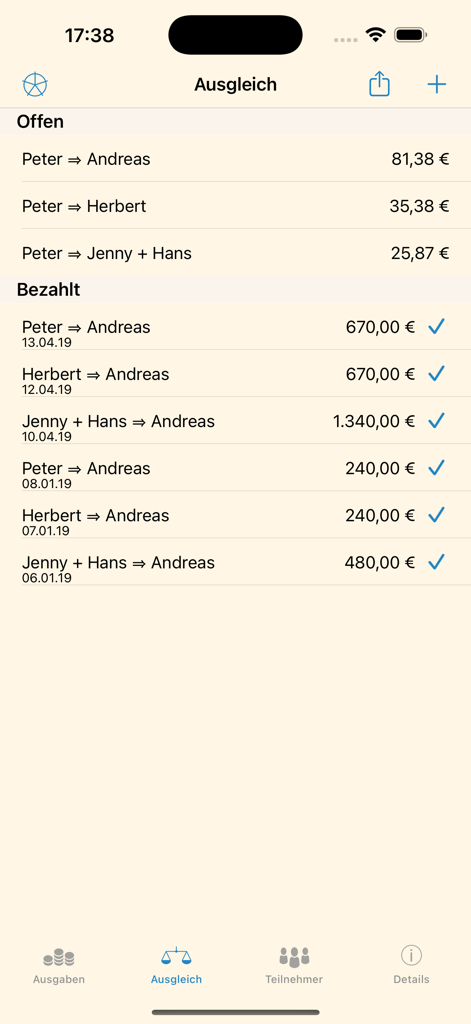 Visão geral do acerto de contas no app Toernkasse mostrando despesas de grupo abertas e pagas entre participantes