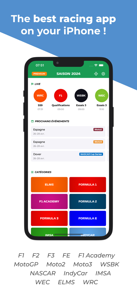 iPhone screen displaying the Motorsports Widgets app dashboard with live racing sessions and upcoming event categories.