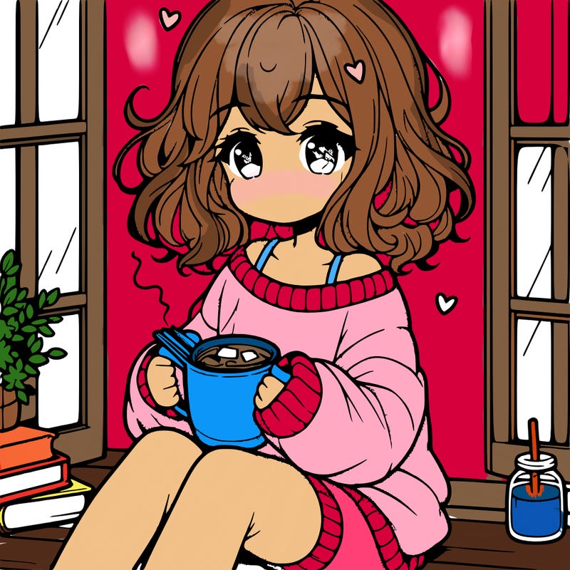 cute anime girl reading book and drinking hot chocolate from mug with loose wavy hair wearing a baggy sweatshirt and shorts sitting by windowsill looking out