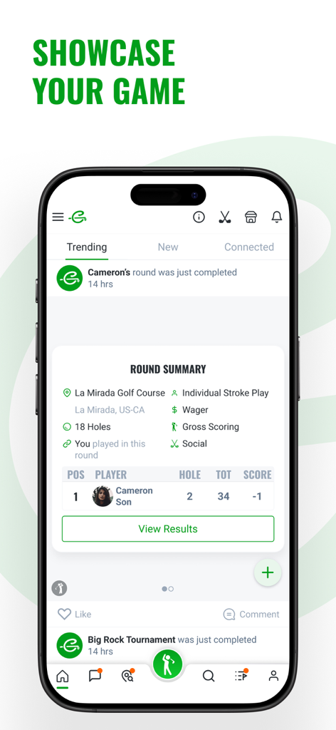 OnlyGolfers App - Mobile interface of the OnlyGolfers App showing a golf round summary and social feed results.