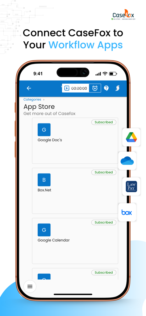 CaseFox - Pantalla de la aplicación móvil CaseFox que muestra integraciones con herramientas de flujo de trabajo como LawPay, Google Calendar y Box