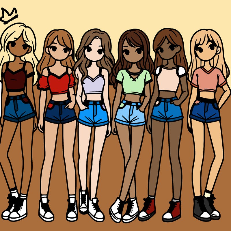 a group of girls wearing crop tops and shorts