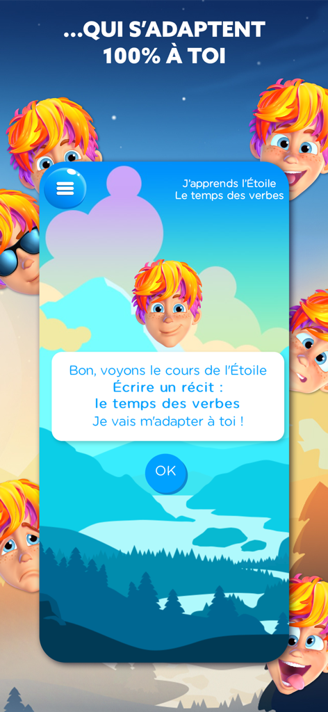Eine personalisierte Französischstunde in der Wiloki-Bildungs-App mit einem farbenfrohen KI-Avatar.