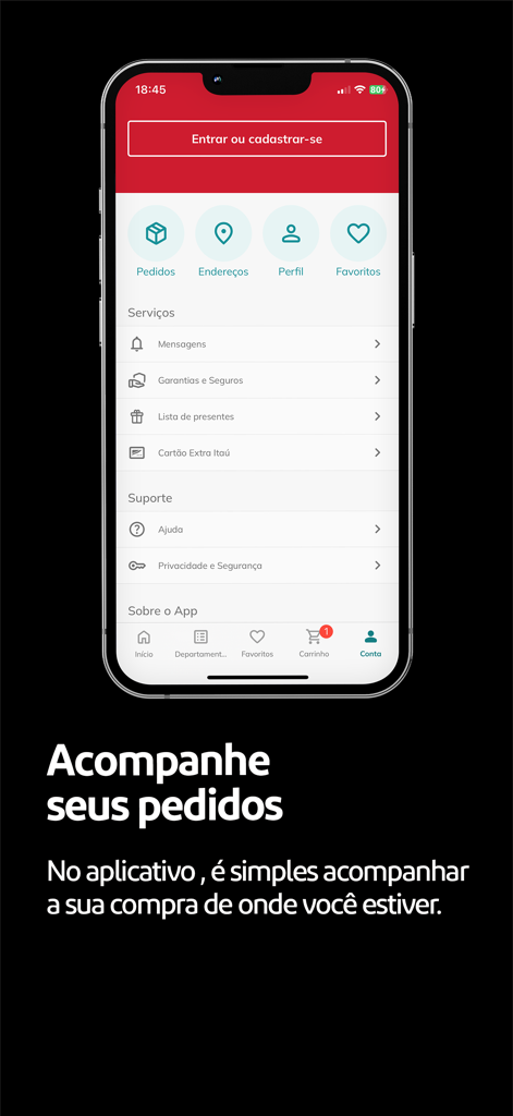 Extra: Loja online com ofertas - Pantalla de cuenta de la aplicación Extra mostrando el seguimiento de pedidos y la gestión de perfil en portugués.