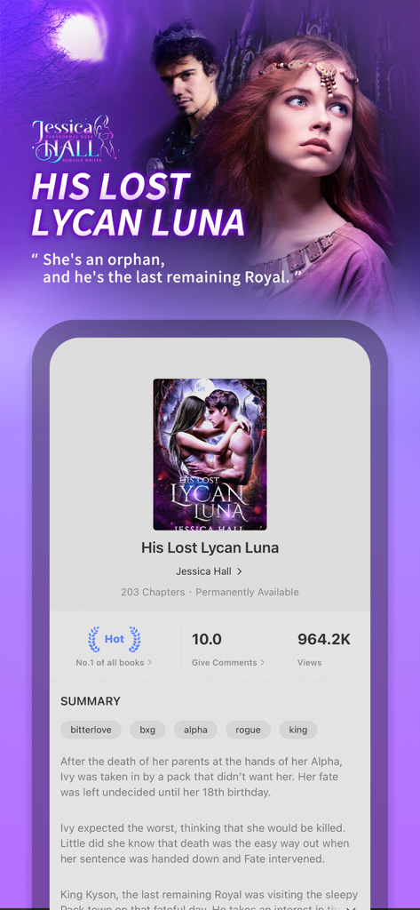 Interface of Storyaholic app showing book details for His Lost Lycan Luna by Jessica Hall