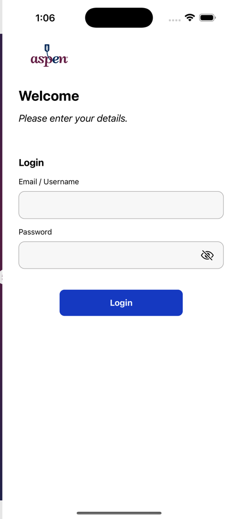 ASPEN 전자책 앱 로그인 화면