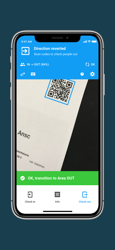 Access Scan-App - Schermata dell'App Eventim Access Scan che mostra una scansione QR riuscita per un partecipante che esce da un'area dell'evento.