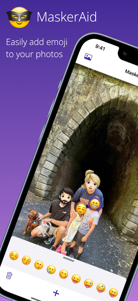 A smartphone displaying the MaskerAid app interface with emojis covering faces in a group photo