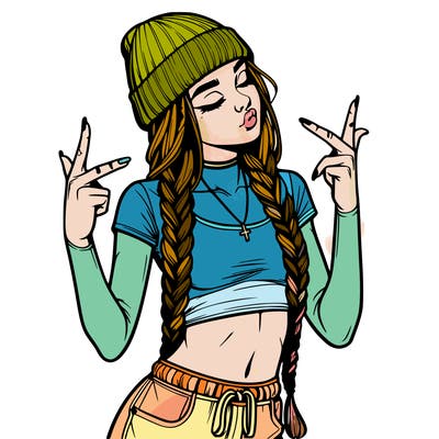 realistic teenage girl with braids and a beanie and crop top doing 🫶🏼