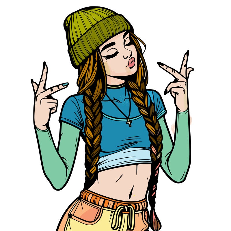 realistic teenage girl with braids and a beanie and crop top doing 🫶🏼