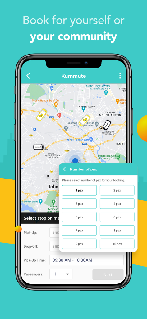 Kummute app interface showing a map and a passenger count selection menu for group ride-pooling
