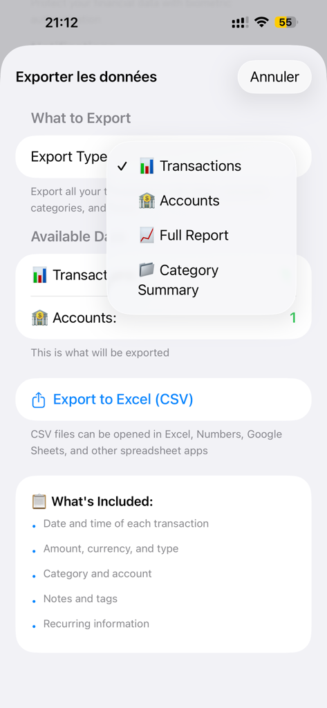 Spending tracker-Every Dollar - Tela do aplicativo móvel mostrando opções de exportação para transações financeiras e resumos de conta em formato Excel CSV.