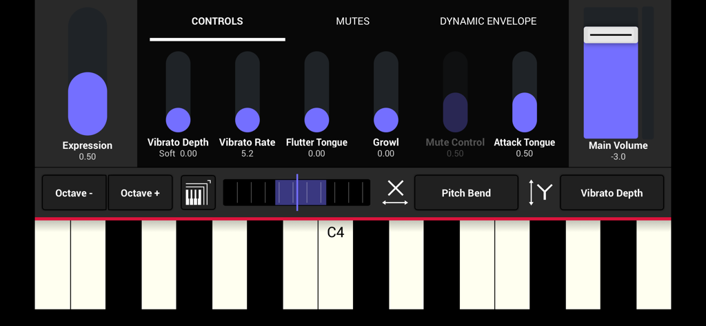 Interface of the SWAM Alto Trombone app showing expressive performance controls and a virtual piano keyboard