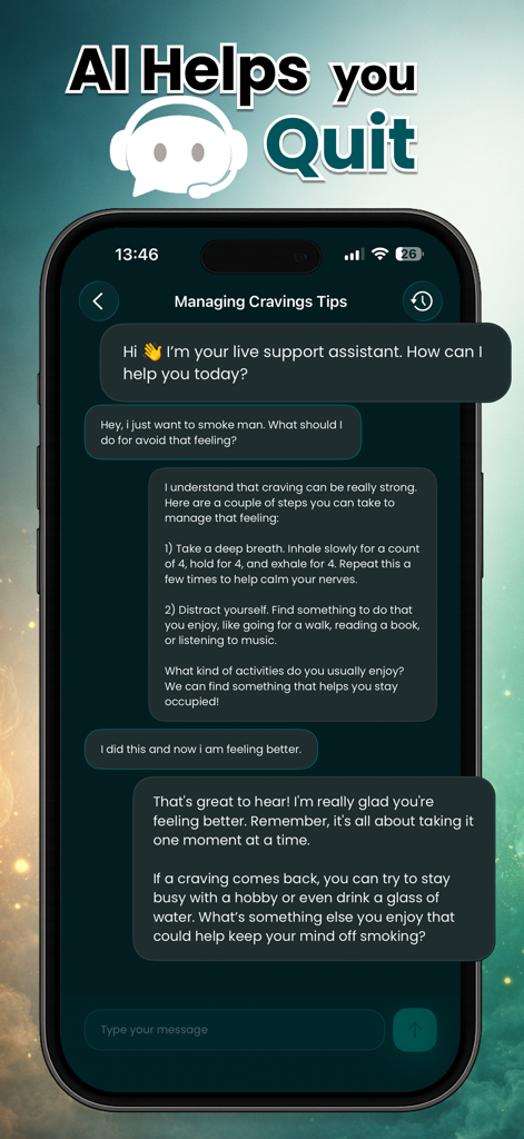 Interface d'un smartphone montrant un assistant d'IA dans l'application Quit Nic fournissant des conseils en temps réel pour gérer les envies de fumer
