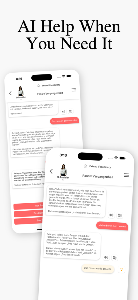Interface de l'application mobile SprechenAI montrant une leçon interactive d'allemand avec l'IA et un tuteur par chat.