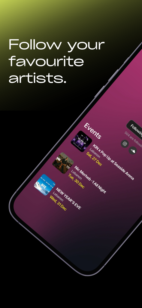 Tick'it - Explore Music Events - Tick'it app interface showing a list of upcoming music events and a call to action to follow favorite artists