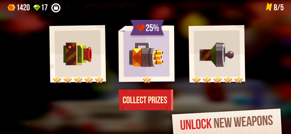 Pantalla de piezas de armas desbloqueables y premios para recolectar en CATS Crash Arena Turbo Stars