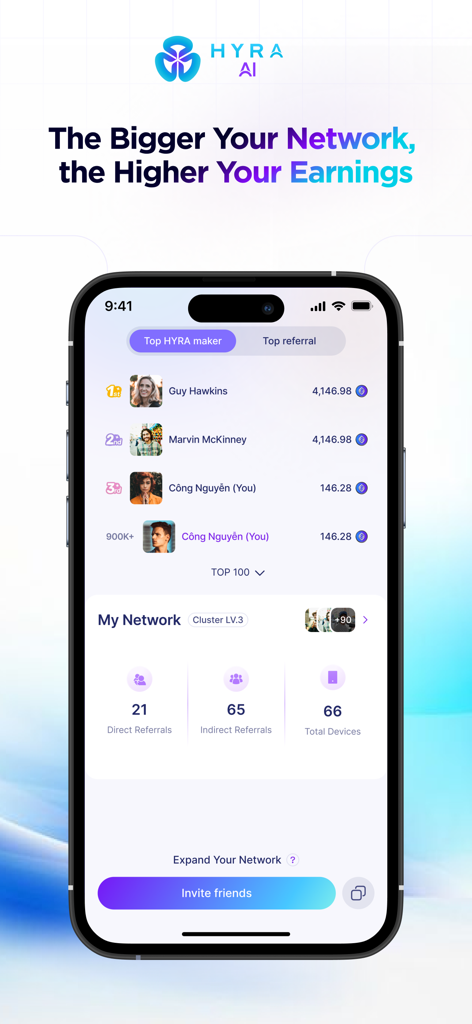 HYRA AI - AI on Edge Computing - HYRA AI mobile app dashboard showing referral network statistics, a top earners leaderboard, and an invite friends button